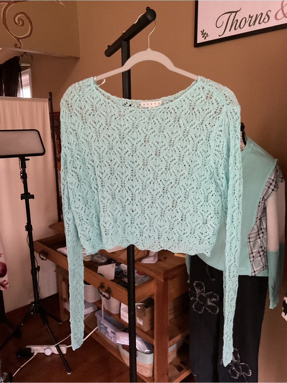 HYFVE Mint Openwork Crochet Scoop Neck Sweater
